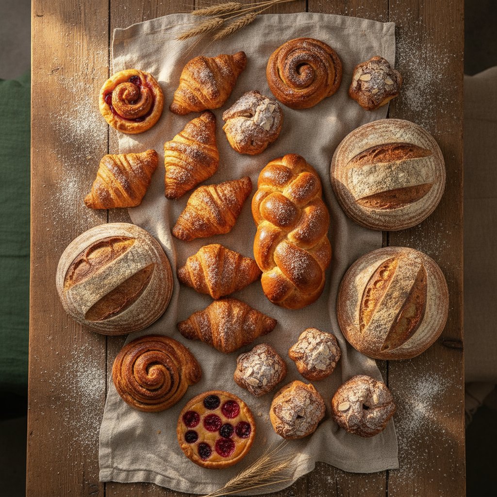Fresh artisan bread and pastries arranged on wooden table with morning light